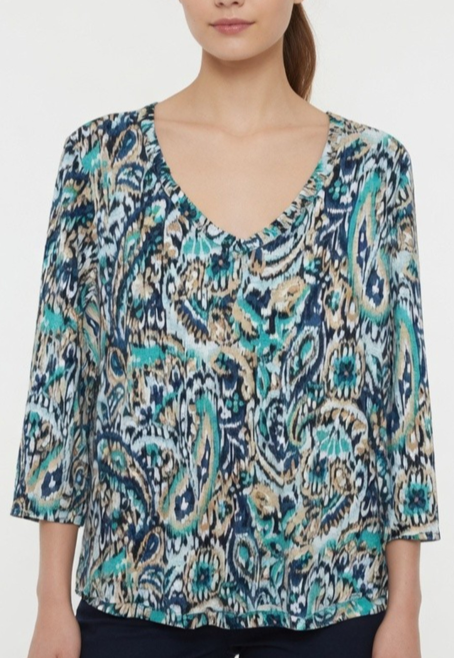Chicos Large Paisley Top Blue Green 3/4 Sleeve V Neck Cotton Modal Casual Resort